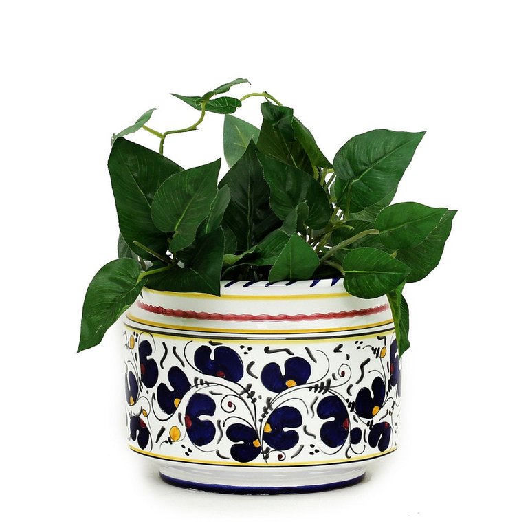 Orvieto Blue Rooster: Cylindrical Cover Pot - Cachepot Planter (Small)