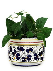 Orvieto Blue Rooster: Cylindrical Cover Pot - Cachepot Planter (Small)