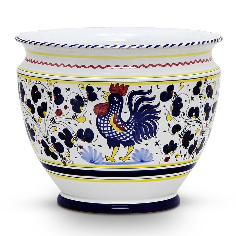 Orvieto Blue Rooster: Luxury Cachepot Planter Large