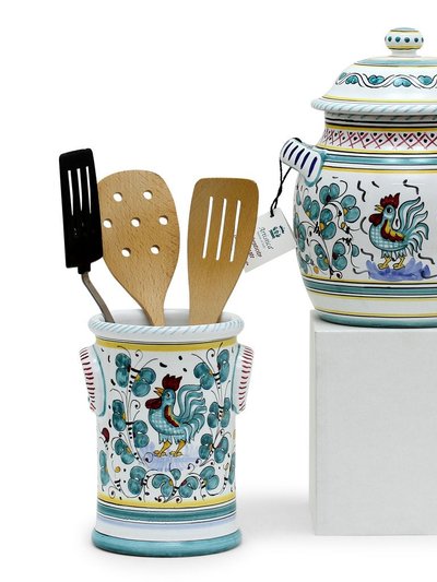 Artistica - Deruta of Italy Orvieto Green Rooster: Bundle With Utensil Holder + Biscotti Jar product