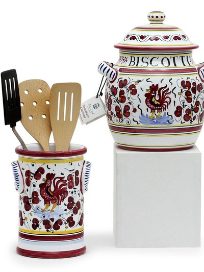 Artistica - Deruta of Italy Orvieto Red Rooster: Bundle With Utensil Holder + Biscotti Jar product