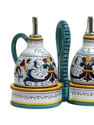 Ricco Deruta Deluxe: Oil and Vinegar cruets set with caddy (New)