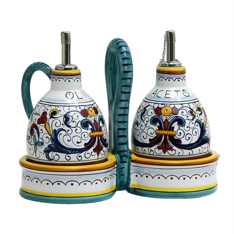 Ricco Deruta Deluxe: Oil and Vinegar cruets set with caddy (New)