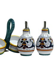 Ricco Deruta Deluxe: Oil and Vinegar cruets set with caddy (New)