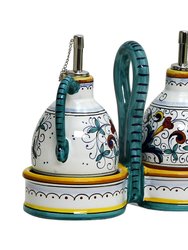 Ricco Deruta Deluxe: Oil and Vinegar cruets set with caddy (New)