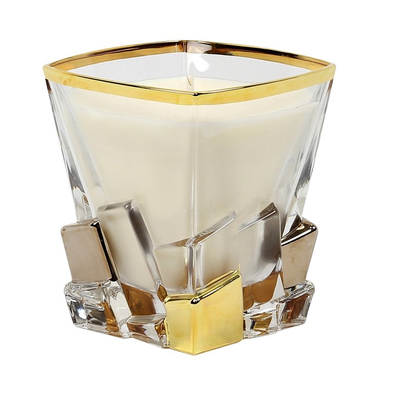 Unscented Soy Candle in Crystal Cup Gold and Platinum Hand Decorated.