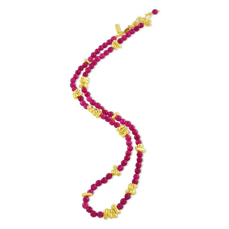 Cerise Pink Jade Beaded Necklace - Gold Vermeil - Gold/Pink