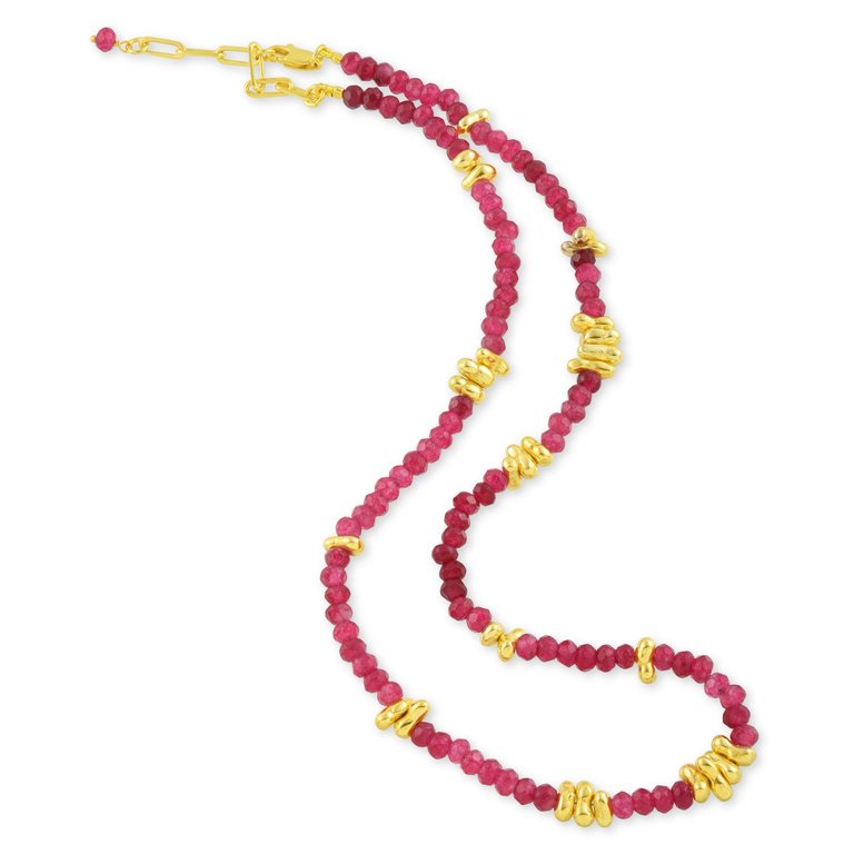 Cerise Pink Jade Beaded Necklace - Gold Vermeil