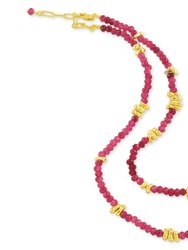 Cerise Pink Jade Beaded Necklace - Gold Vermeil