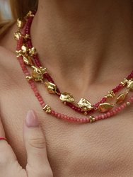 Cerise Pink Jade Beaded Necklace - Gold Vermeil