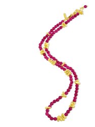 Cerise Pink Jade Beaded Necklace - Gold Vermeil - Gold/Pink