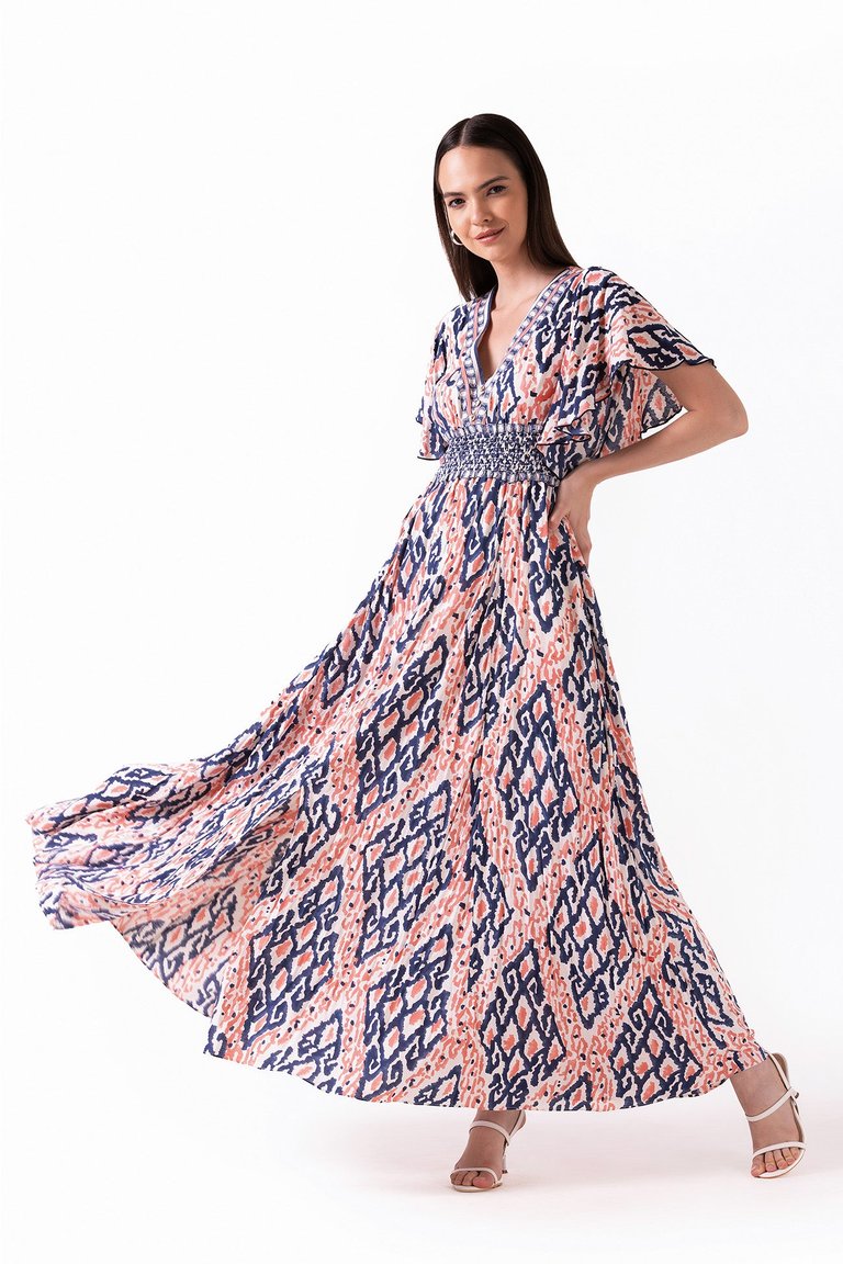 Avatara - V Neck Maxi Dress with Smocked Waist And Front Slit