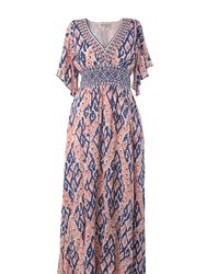 Avatara - V Neck Maxi Dress with Smocked Waist And Front Slit