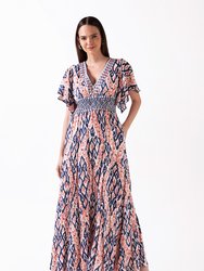 Avatara - V Neck Maxi Dress with Smocked Waist And Front Slit - Coral