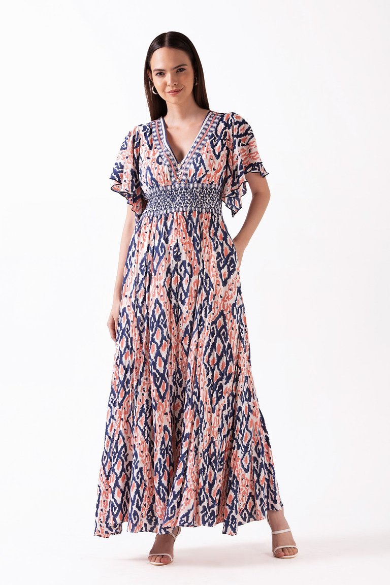 Avatara - V Neck Maxi Dress with Smocked Waist And Front Slit - Coral