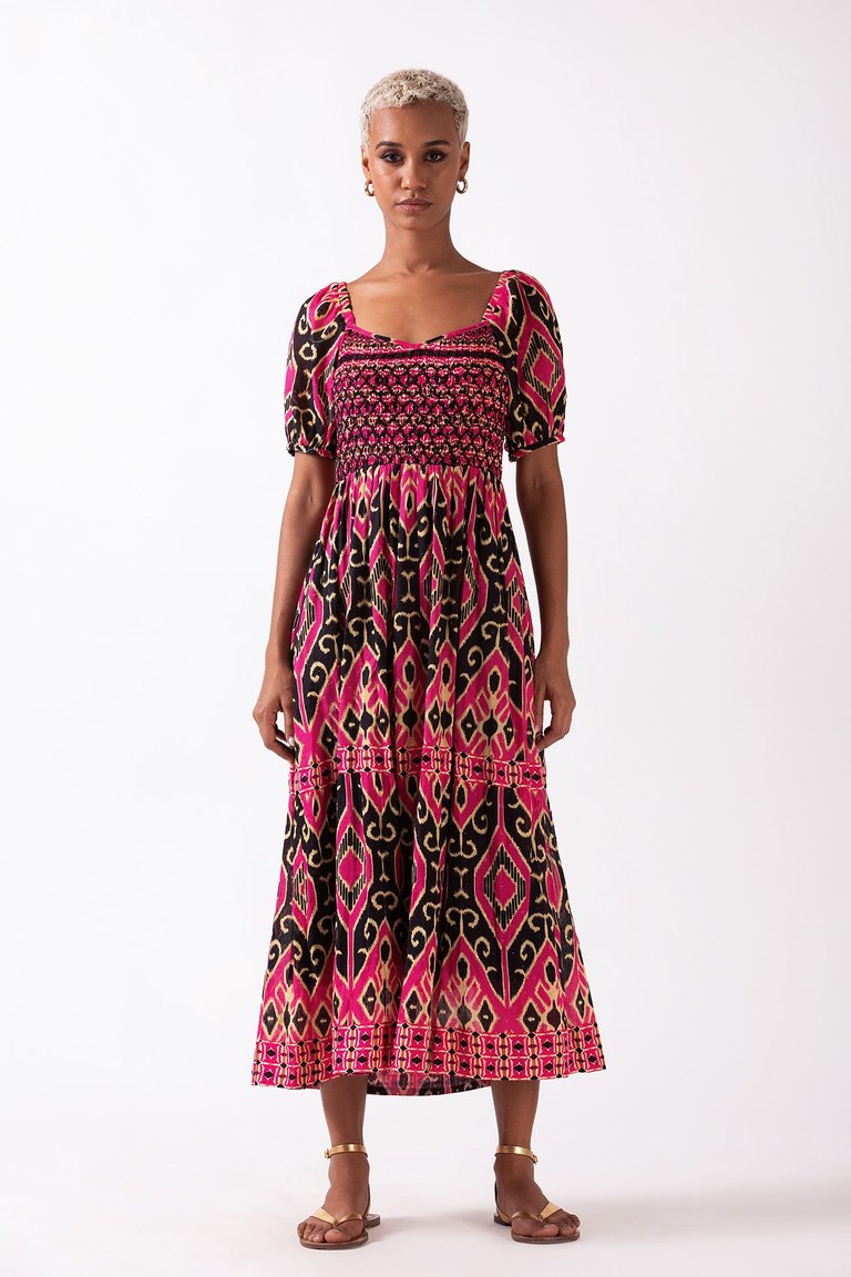 Merris - Tiered Midi Dress With Smocked Bodice - Hot Pink