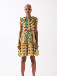 Olga - Mini Tiered Dress with Double Layer Flutter Sleeve - Yellow Teal