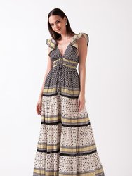 Yulia Maxi Dress - Tiered Maxi Dress with Flutter Sleeves and Plunging V-Neckline - Olive Black
