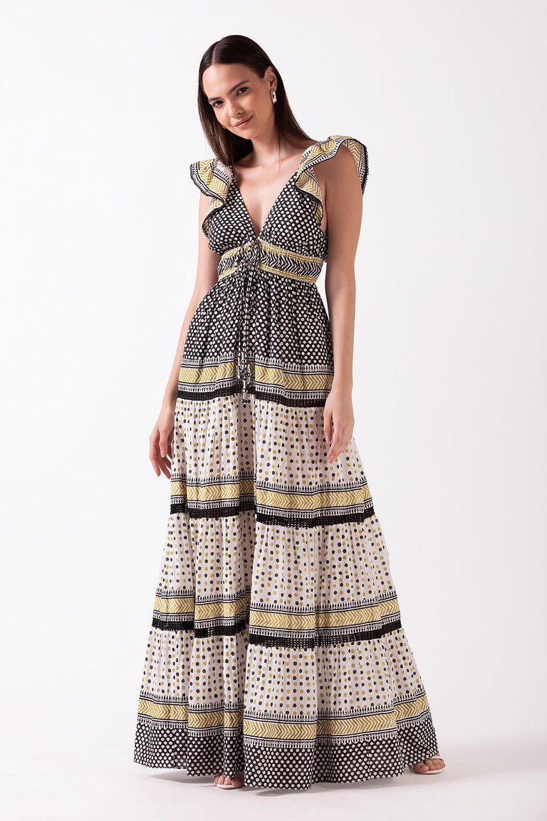 Yulia Maxi Dress - Tiered Maxi Dress with Flutter Sleeves and Plunging V-Neckline - Olive Black