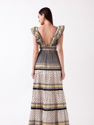 Yulia Maxi Dress - Tiered Maxi Dress with Flutter Sleeves and Plunging V-Neckline