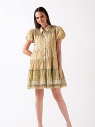 Zinnia Shirt Dress - Mini Tiered Shirt Dress with Smocked Yoke - Beige