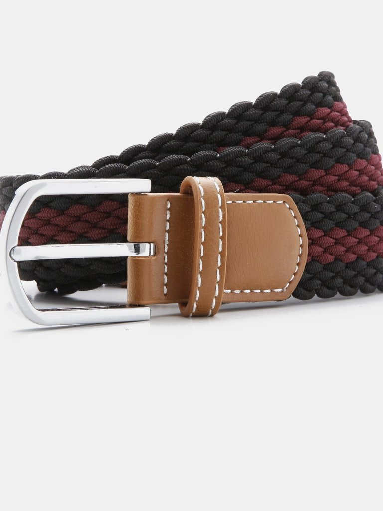 Mens Two Color Stripe Braid Stretch Belt - Black/Burgundy - Black/Burgundy