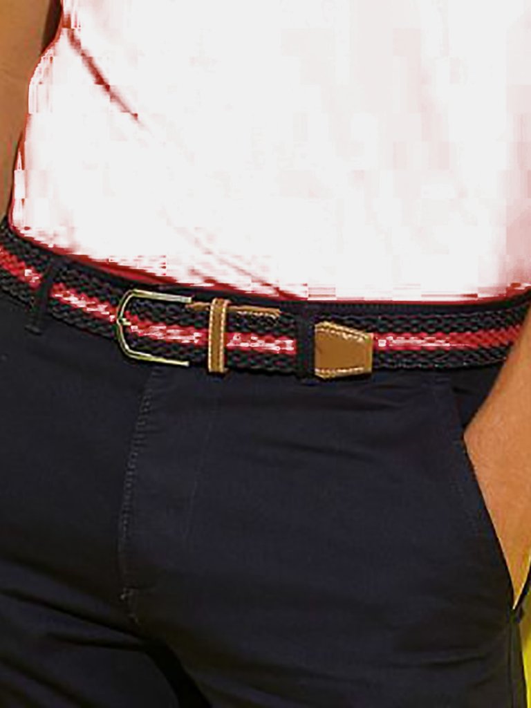 Mens Two Color Stripe Braid Stretch Belt - Navy/Red
