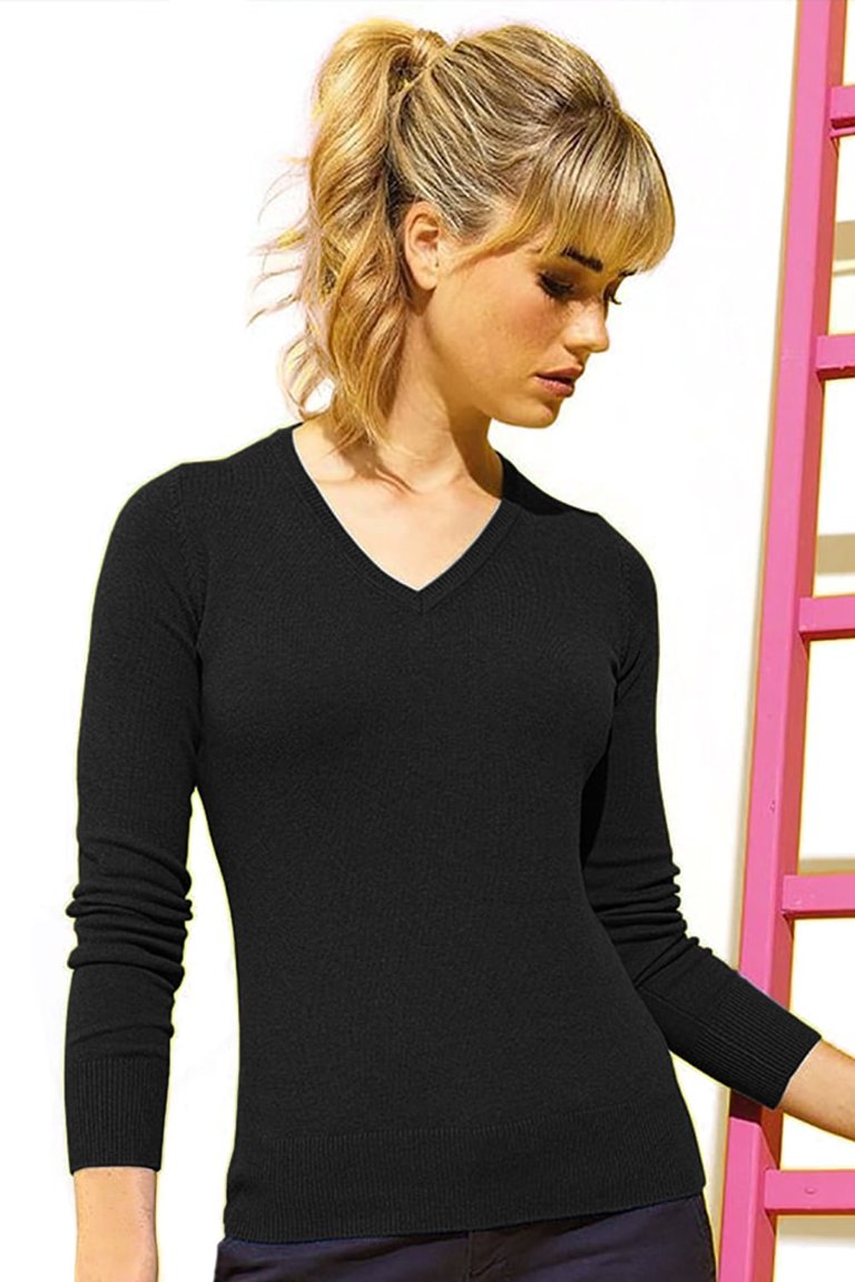 Womens/Ladies V-Neck Sweater - Black - Black