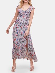 Double V-Neck Flutter Midi Dress  - Blue Multi