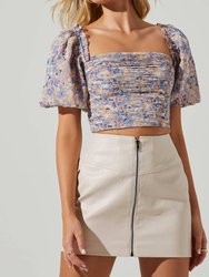 Lin Cropped Puffed Sleeve Top - Blue Pink Multi