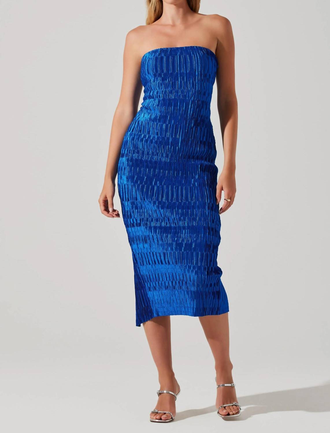 ASTR the Label Cobalt Blue Reine Plisse Strapless Midi Dress In Cobalt Blue  | Verishop