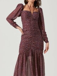 The Label Ditsy Print Long Sleeve Dress In Purple/Brown - Purple/Brown