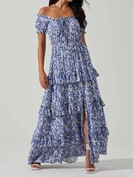 Viona Floral Off Shoulder Tiered Maxi Dress - Blue White Multi