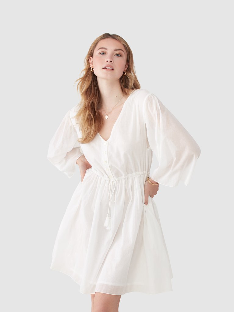 Crinkle Cotton V-Neck Long Sleeve Dress - White
