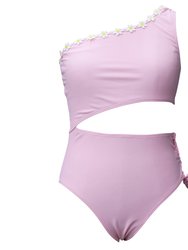 1 Shoulder Lace Up Side With Daisy Trim Swimwear - Pink/Big Girl