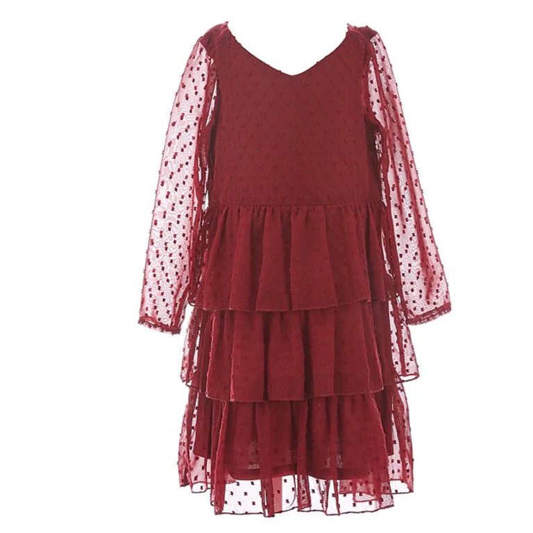 Clip Dot Chiffon Dress - Burgundy