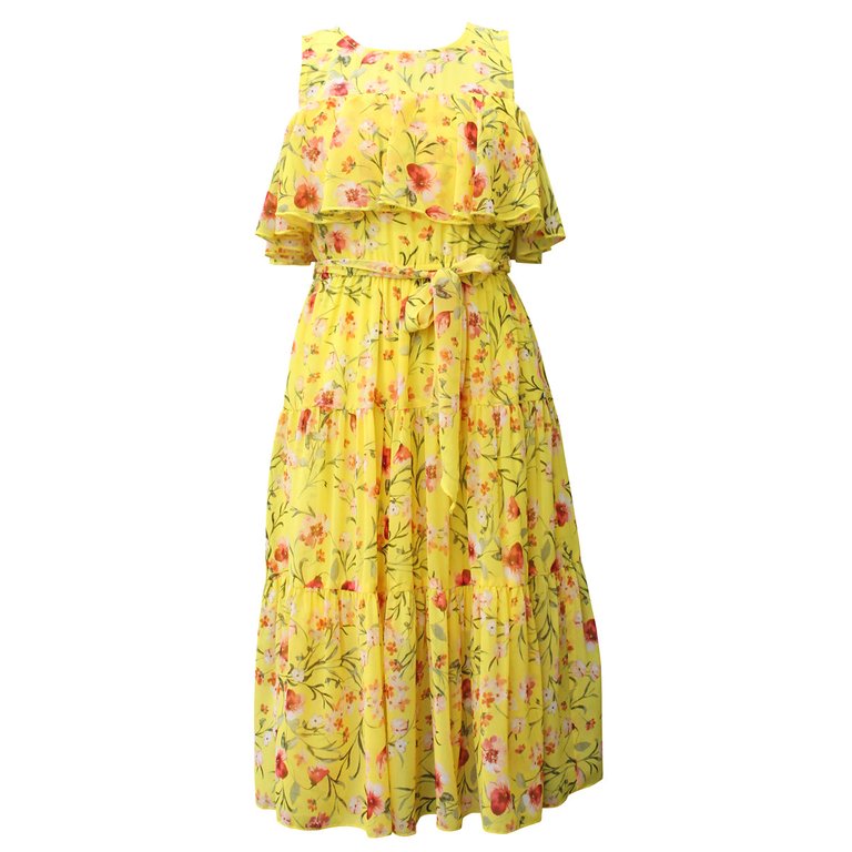 Floral Print Ruffle Maxi Dress - Yellow - Yellow/Big Girl
