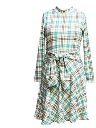 Long-Sleeve Plaid Tie-Front Fit-And-Flare Dress - Green