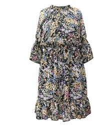 Long-sleeved Floral Dress - Black