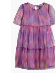 Rainbow Sparkle Tulle Overlay Tiered Party Dress - Purple