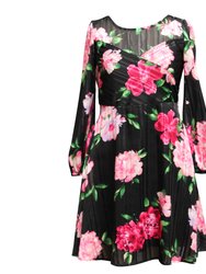 Rose Print Chiffon A-Line Dress - Multi