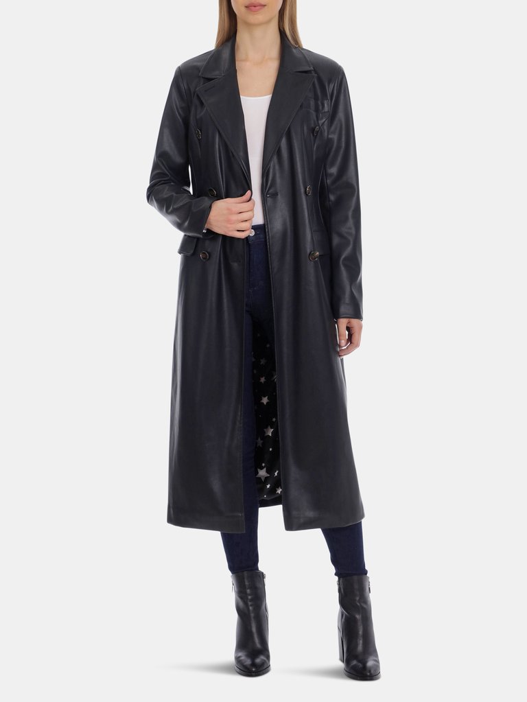 Belted Faux Leather Trench - Black