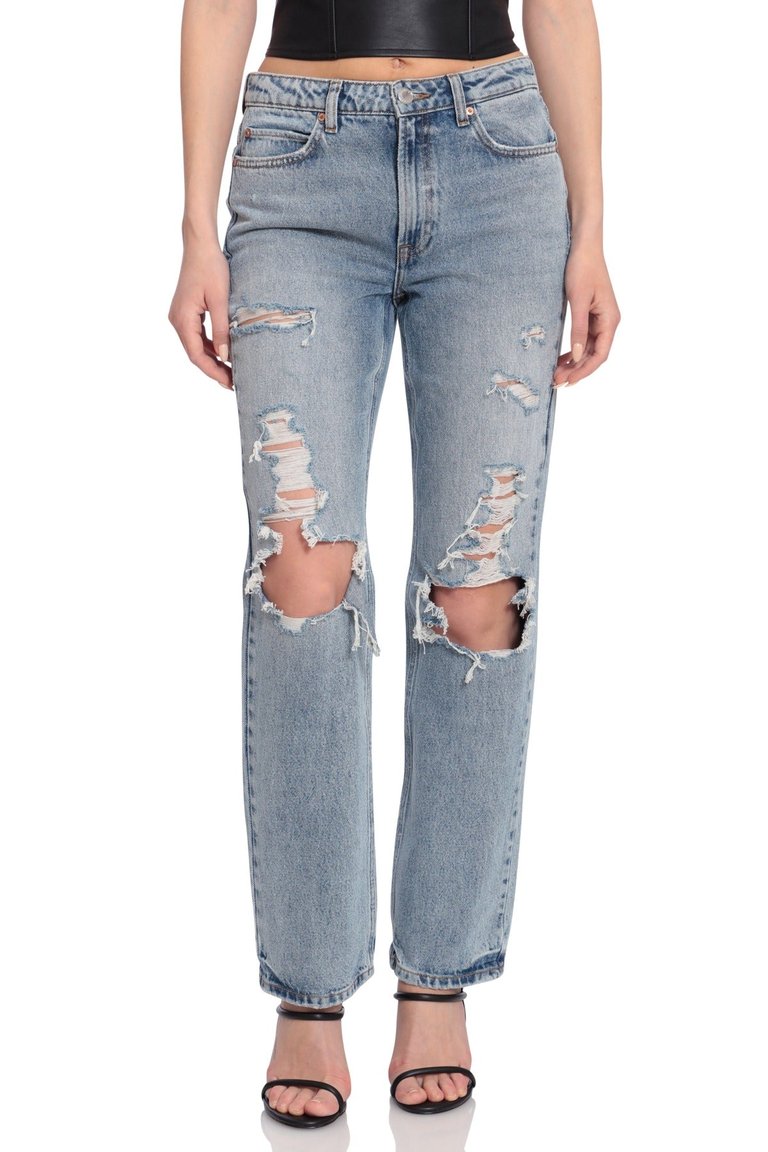 Distressed Straight Leg Jeans - Mid Morning Wash