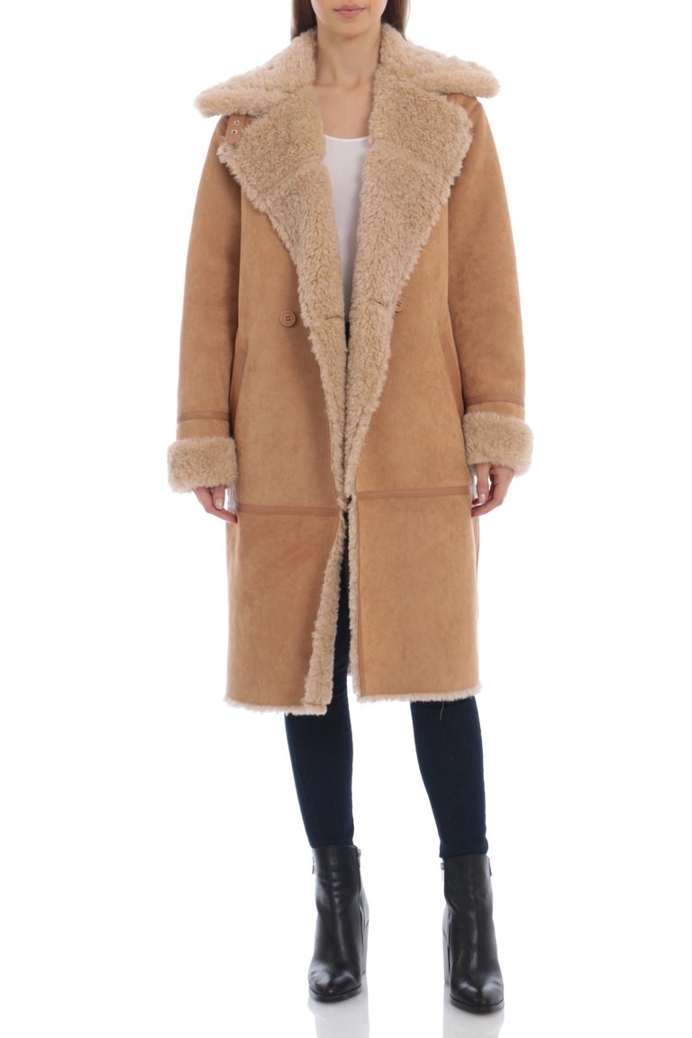 Double-Breasted Faux Shearling Coat - Rosewood