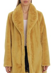 Faux Fur Shawl Collar Coat - Mustard Yellow