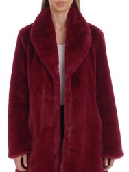 Faux Fur Shawl Collar Coat - Berry Red
