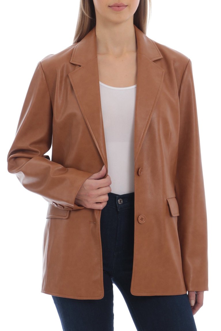 Faux Leather Boxy Blazer - Cognac