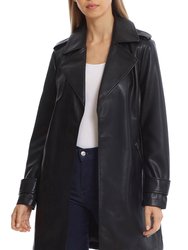 Faux Leather Open Trench - Black