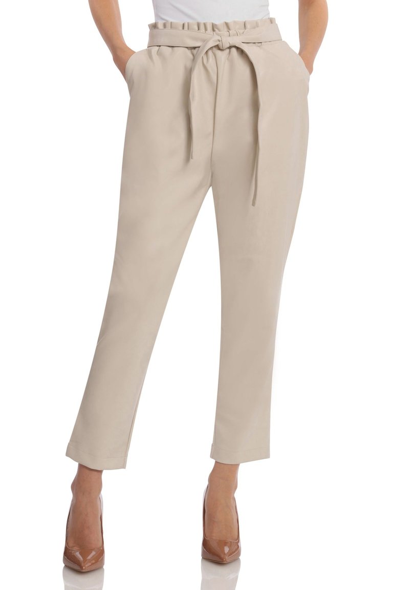 Faux Leather Paperbag Waist Tapered Trouser - Bone