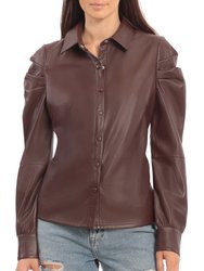 Faux Leather Puff Sleeve Shirt - Chocolate